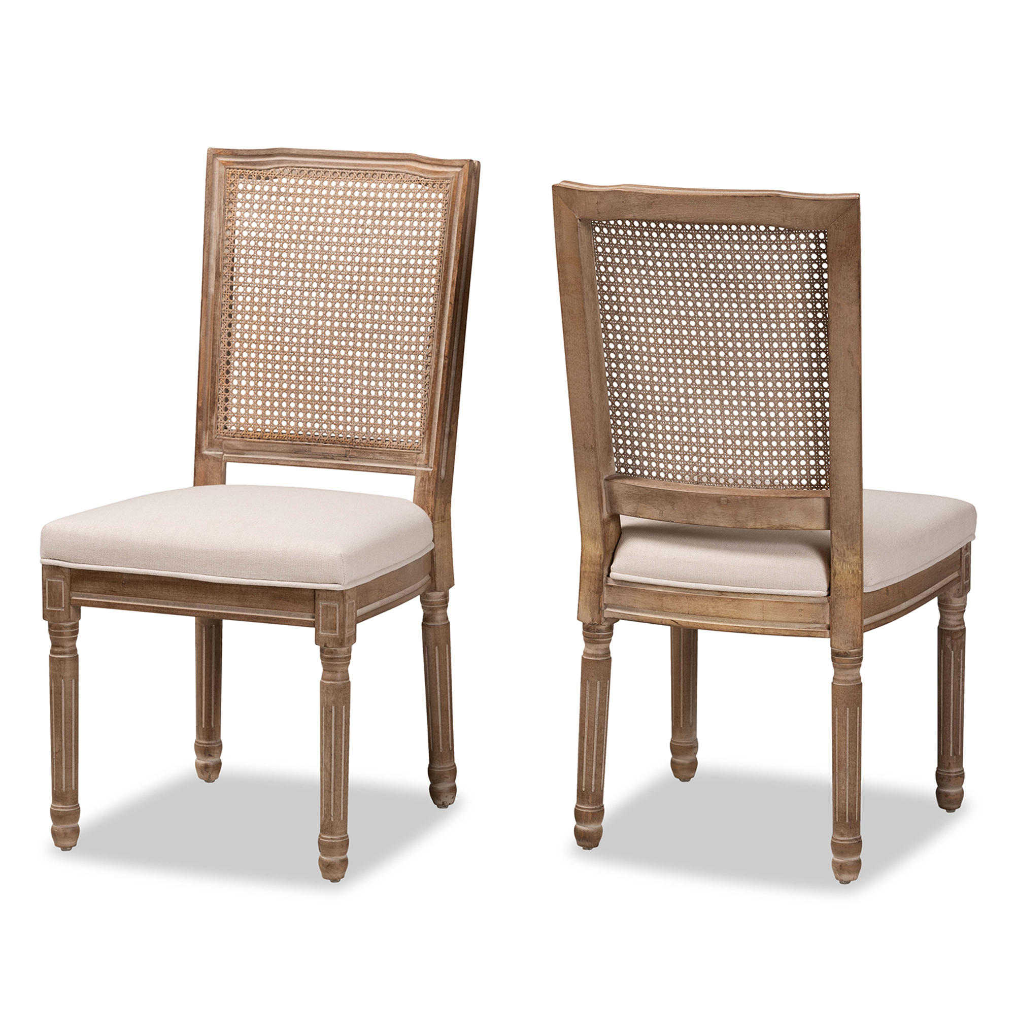Baxton Studio Louane Traditional French Inspired Beige Fabric Upholstered and Antique Brown Finished Wood 2-Piece Dining Chair Set with Rattan Affordable modern furniture in Chicago, classic dining room furniture, modern dining chairs, cheap dining chairs